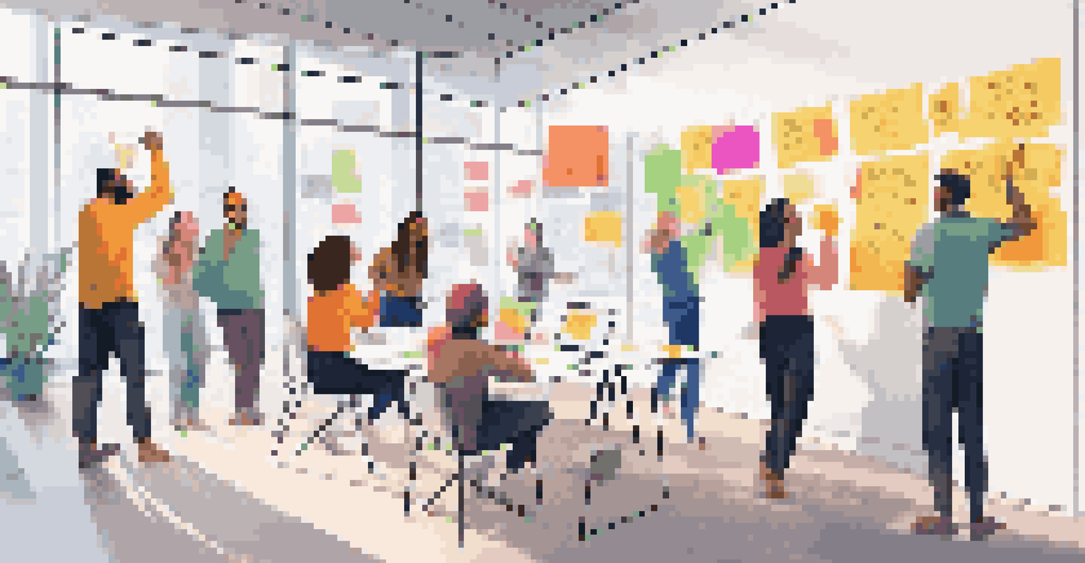 A group of diverse UX designers collaborating around a whiteboard filled with colorful notes and diagrams in a bright room.
