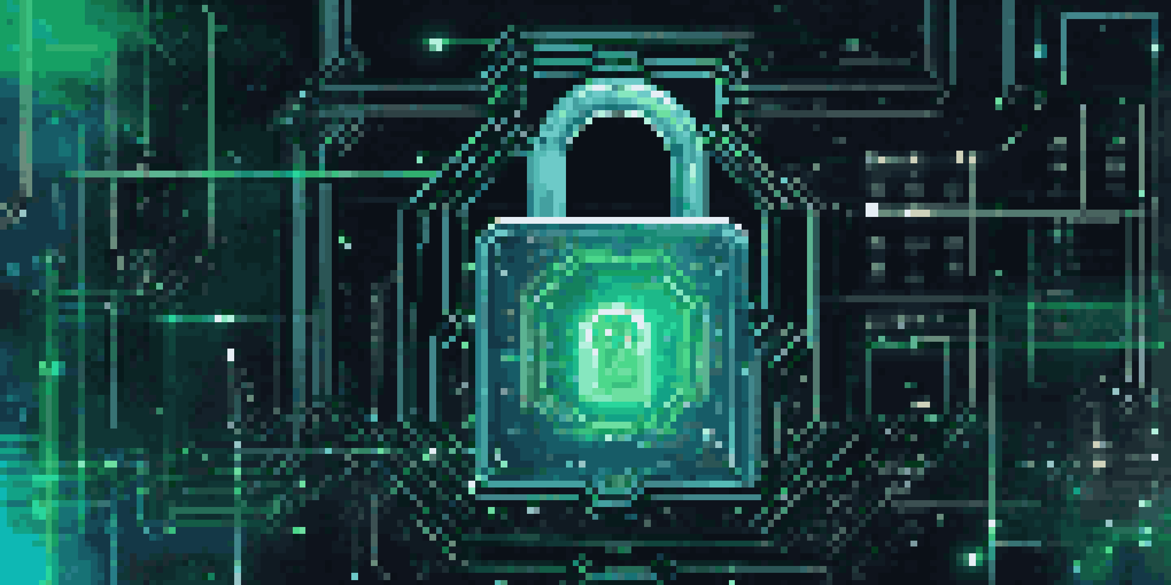 An abstract image of a digital lock and flowing binary code, representing data encryption in a cyber secure environment.