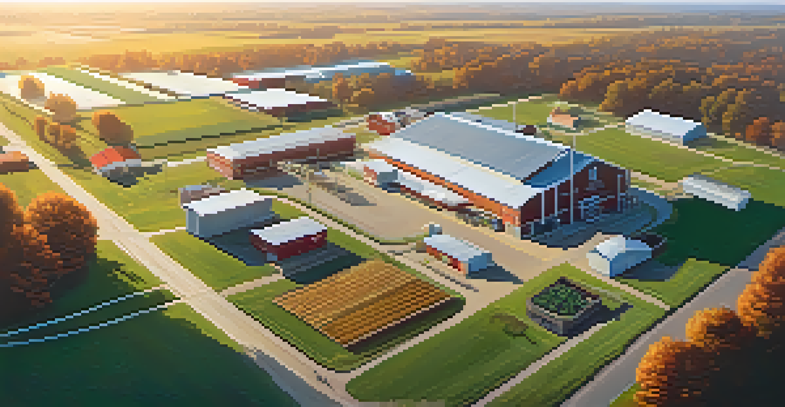 A landscape showing a farm, processing facility, and grocery store connected by visual elements of blockchain technology under soft sunlight.