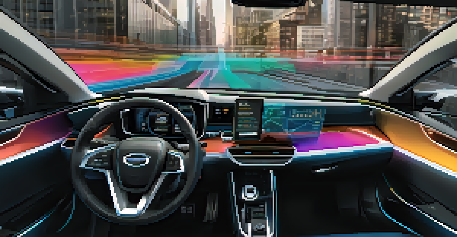 A close-up of a smart vehicle dashboard showing real-time data analytics, with a driver interacting with colorful graphs and maps.