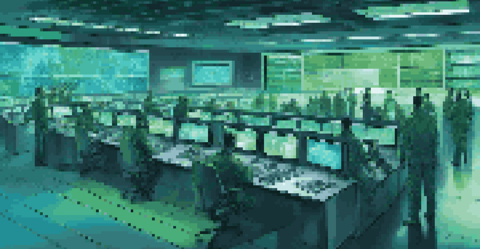 A modern control room with security personnel monitoring facial recognition technology on multiple screens, highlighting advanced security measures.