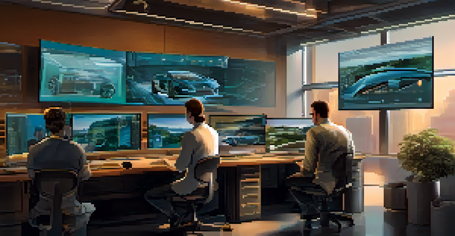 Engineers collaborating on digital twin technology with computer screens showing vehicle models.