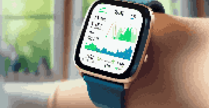 A close-up view of a smartwatch showing health metrics like heart rate and ECG readings in a cozy home setting with warm light.