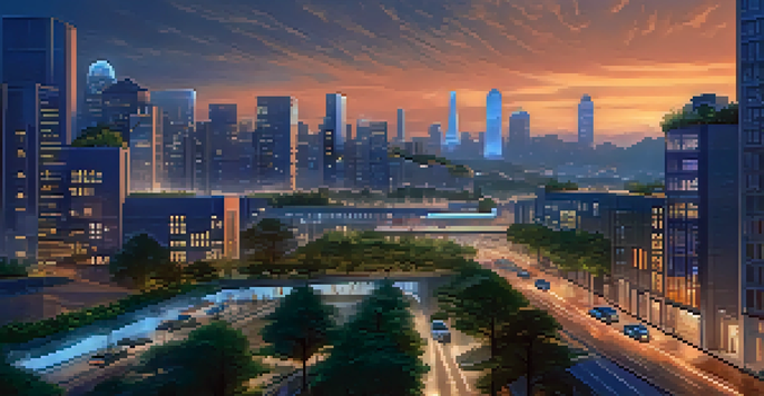 Futuristic city skyline at dusk with illuminated smart streetlights and modern buildings integrated with greenery.
