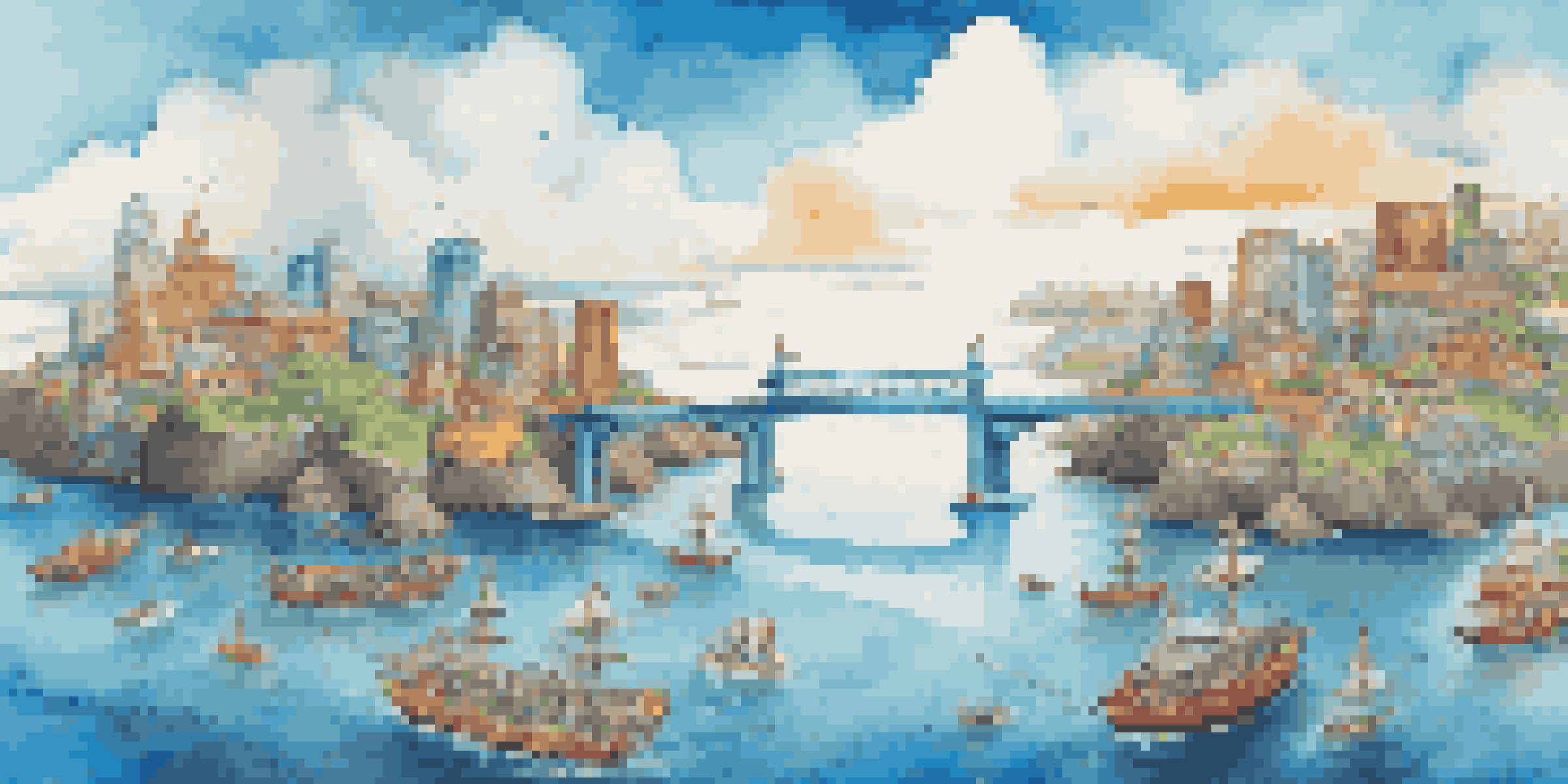 A colorful illustration depicting an API as a bridge between two islands, with data packets represented as boats in a clear sea.