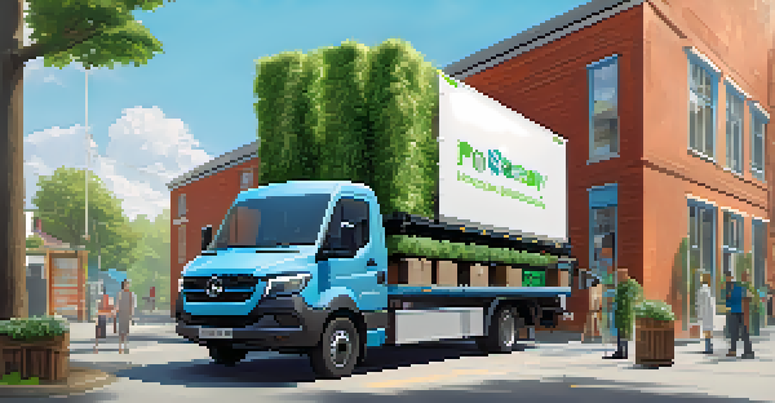An outdoor delivery scene featuring an AI-driven logistics vehicle and a driver using a tablet.