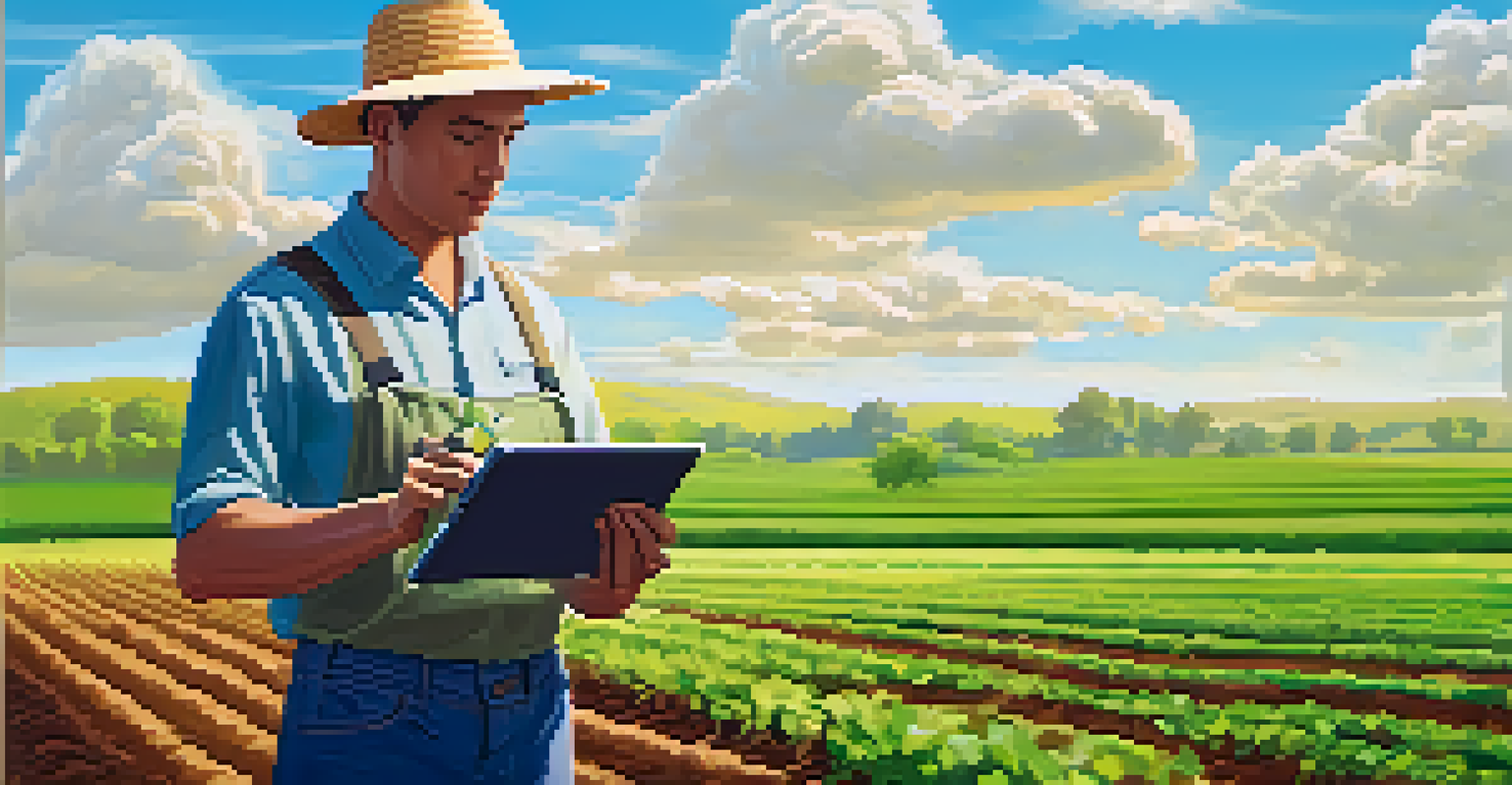 A farmer in a green field using a tablet to check IoT devices for soil moisture and crop health, demonstrating modern agricultural technology.