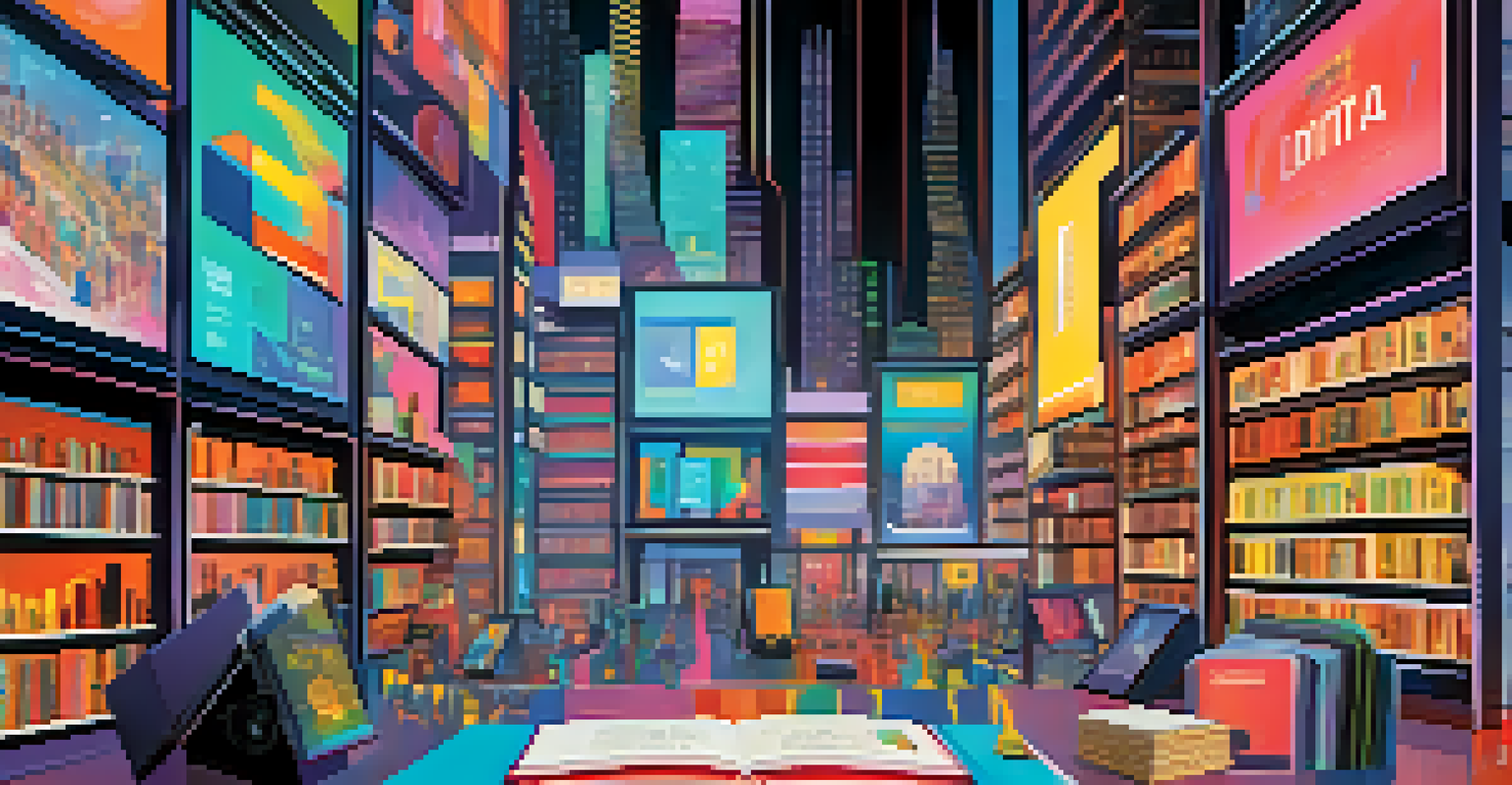 A digital marketplace illustration with e-books, music, and films protected by digital locks.
