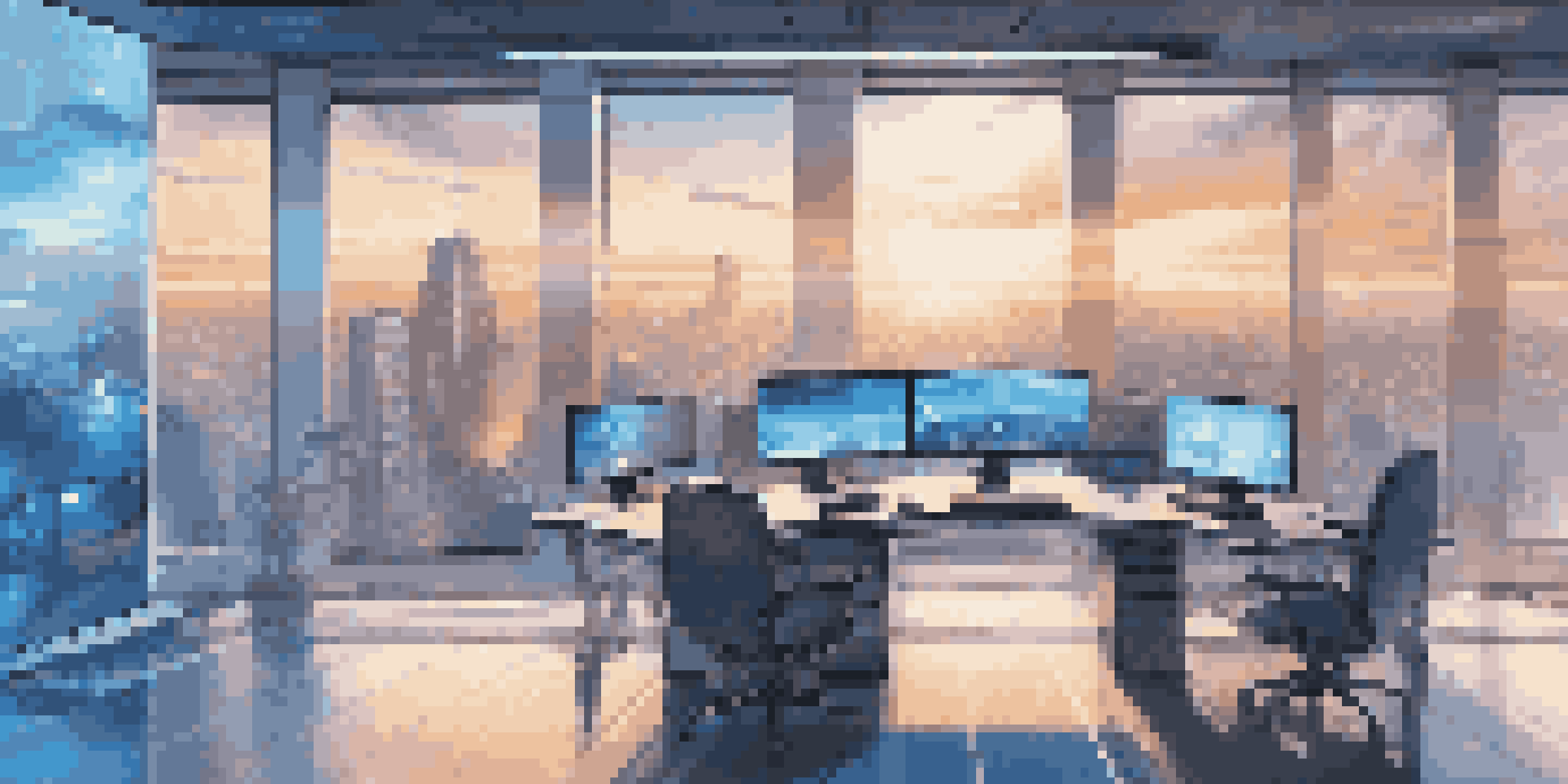 A modern workspace with multiple screens showing cloud computing graphics, illuminated by soft lighting and a cityscape visible through large windows.
