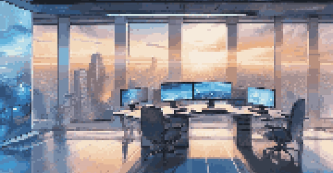 A modern workspace with multiple screens showing cloud computing graphics, illuminated by soft lighting and a cityscape visible through large windows.
