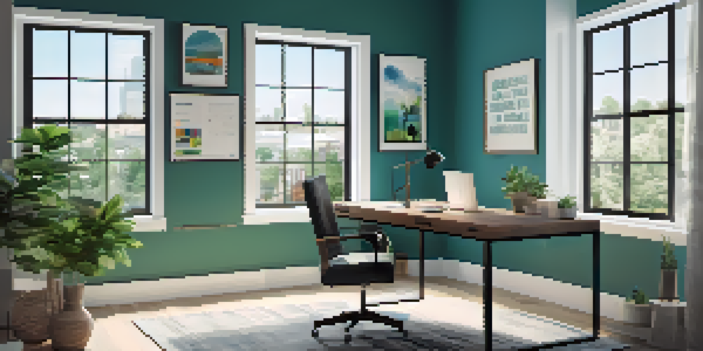 A well-organized home office featuring a desk with a laptop, a chair, and a window bringing in natural light, decorated with plants and motivational posters.