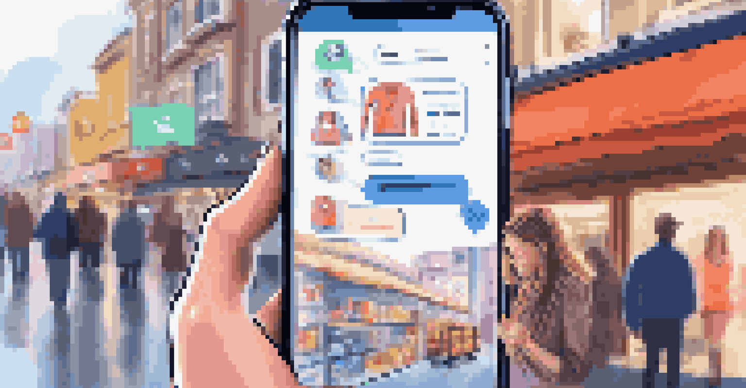 A smartphone screen displaying an advanced chatbot interface with conversation bubbles, set in a busy online shopping environment.