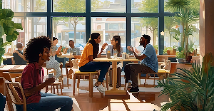 A diverse group of people in a café, with a deaf person using sign language during a conversation, warmly lit by natural light.