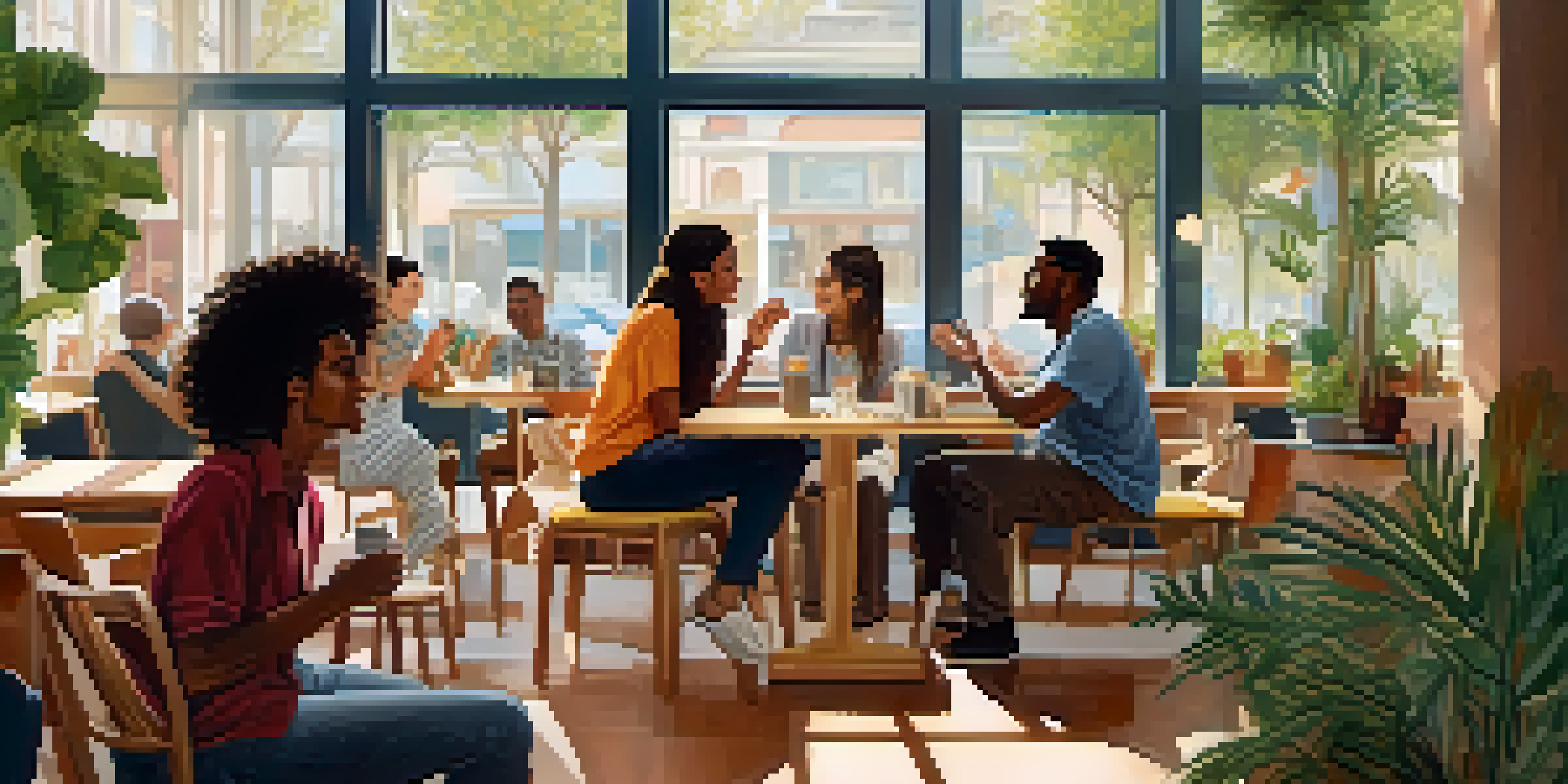 A diverse group of people in a café, with a deaf person using sign language during a conversation, warmly lit by natural light.