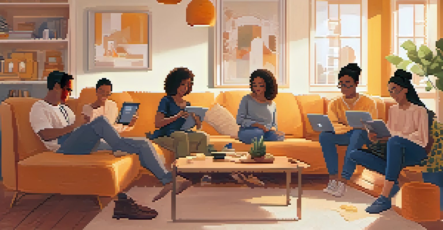 A group of diverse users beta testing a mobile app in a cozy living room, displaying engagement and curiosity.