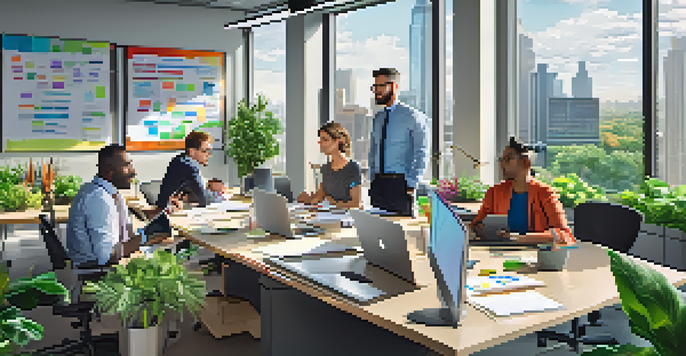 A diverse group of professionals collaborating in a bright office space, surrounded by laptops and post-it notes.