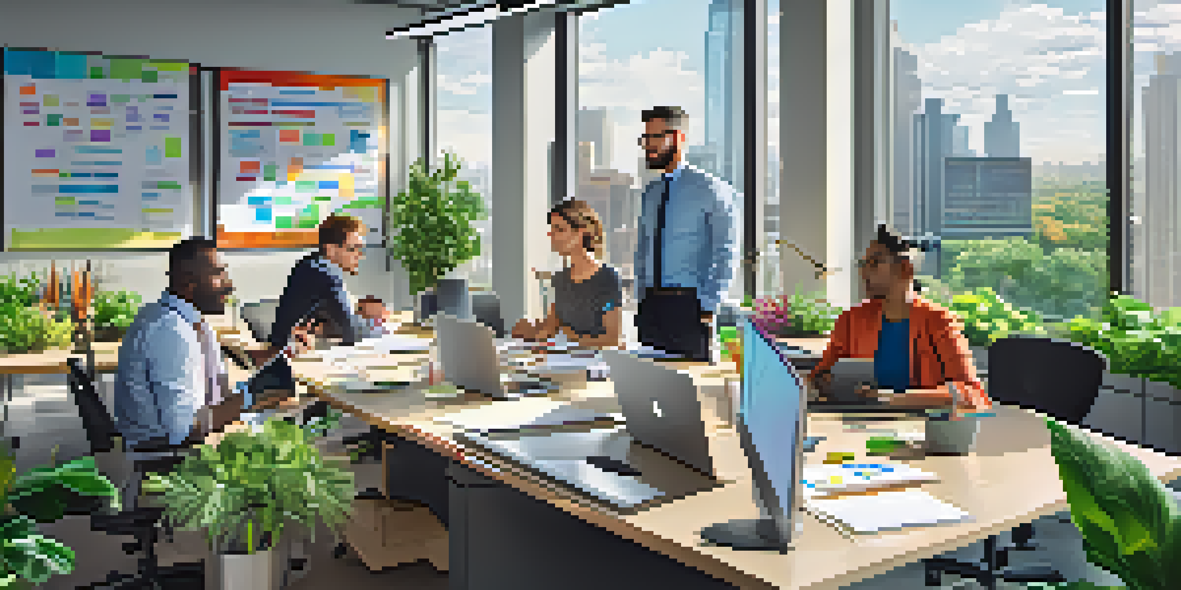 A diverse group of professionals collaborating in a bright office space, surrounded by laptops and post-it notes.