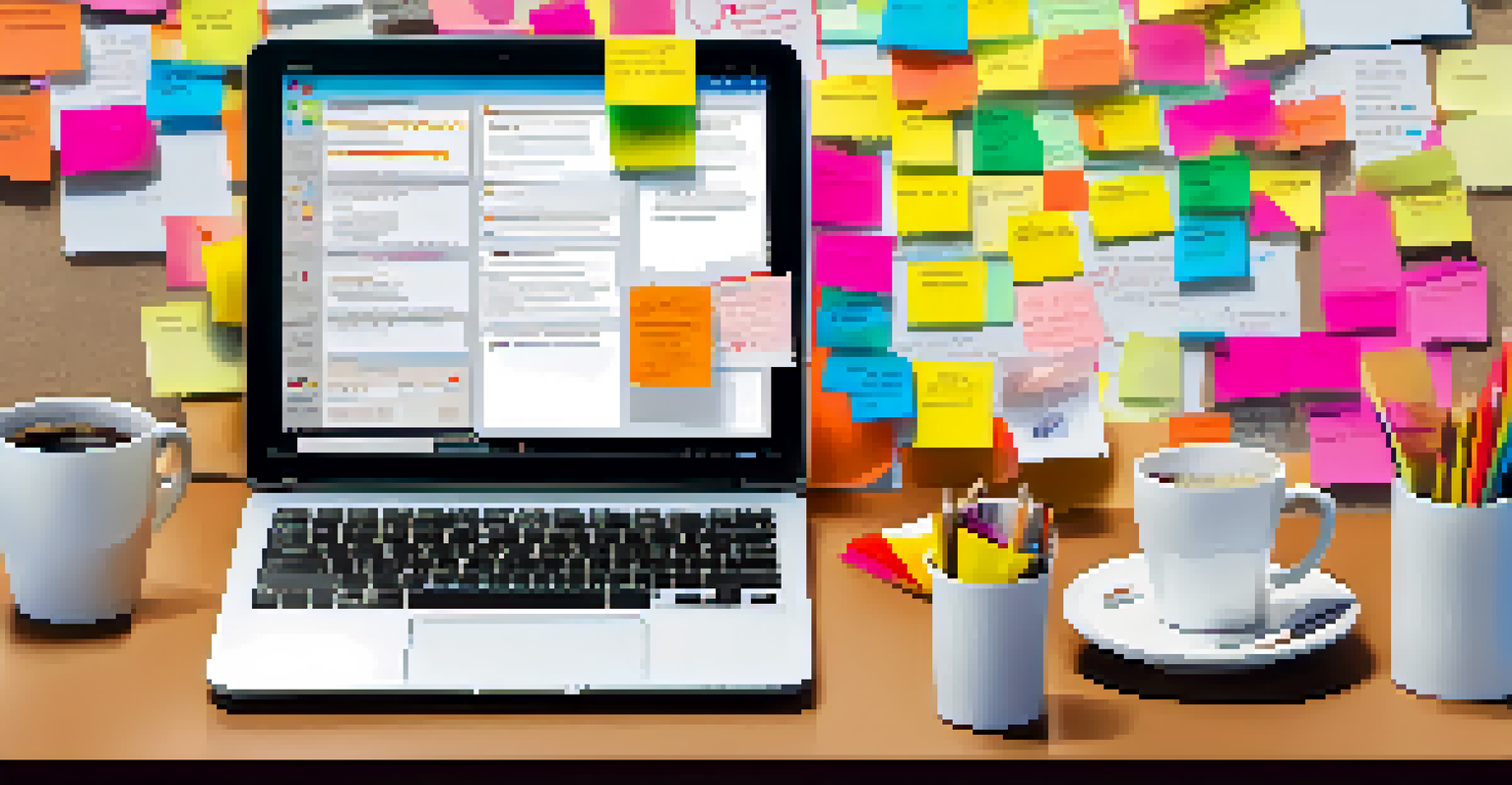 A close-up of hands typing on a laptop surrounded by sticky notes and a coffee cup, in a collaborative office with a whiteboard in the background.