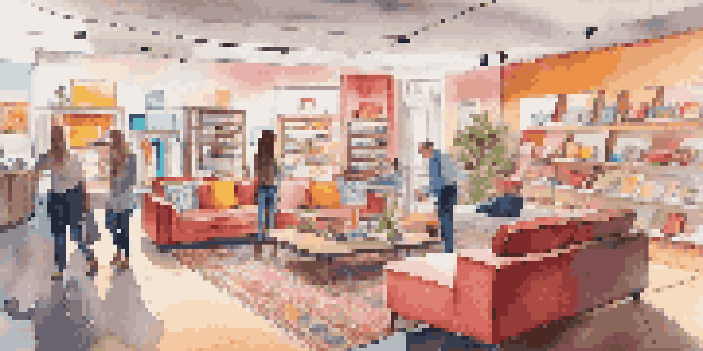 A retail store where customers interact with augmented reality devices to see furniture in a living room setting, with bright and inviting colors.