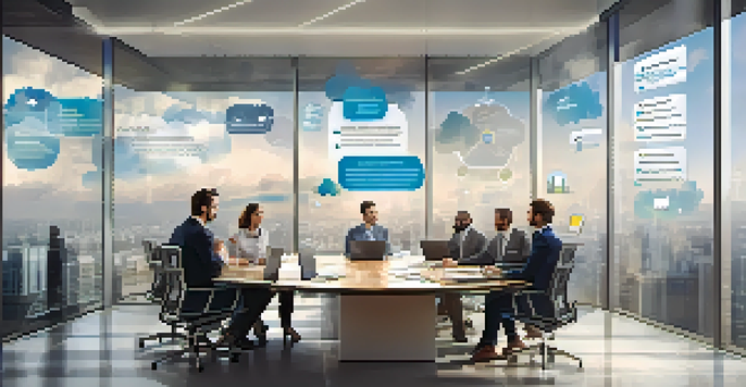 A diverse group of professionals in a bright modern office discussing cloud security with infographics on the walls.