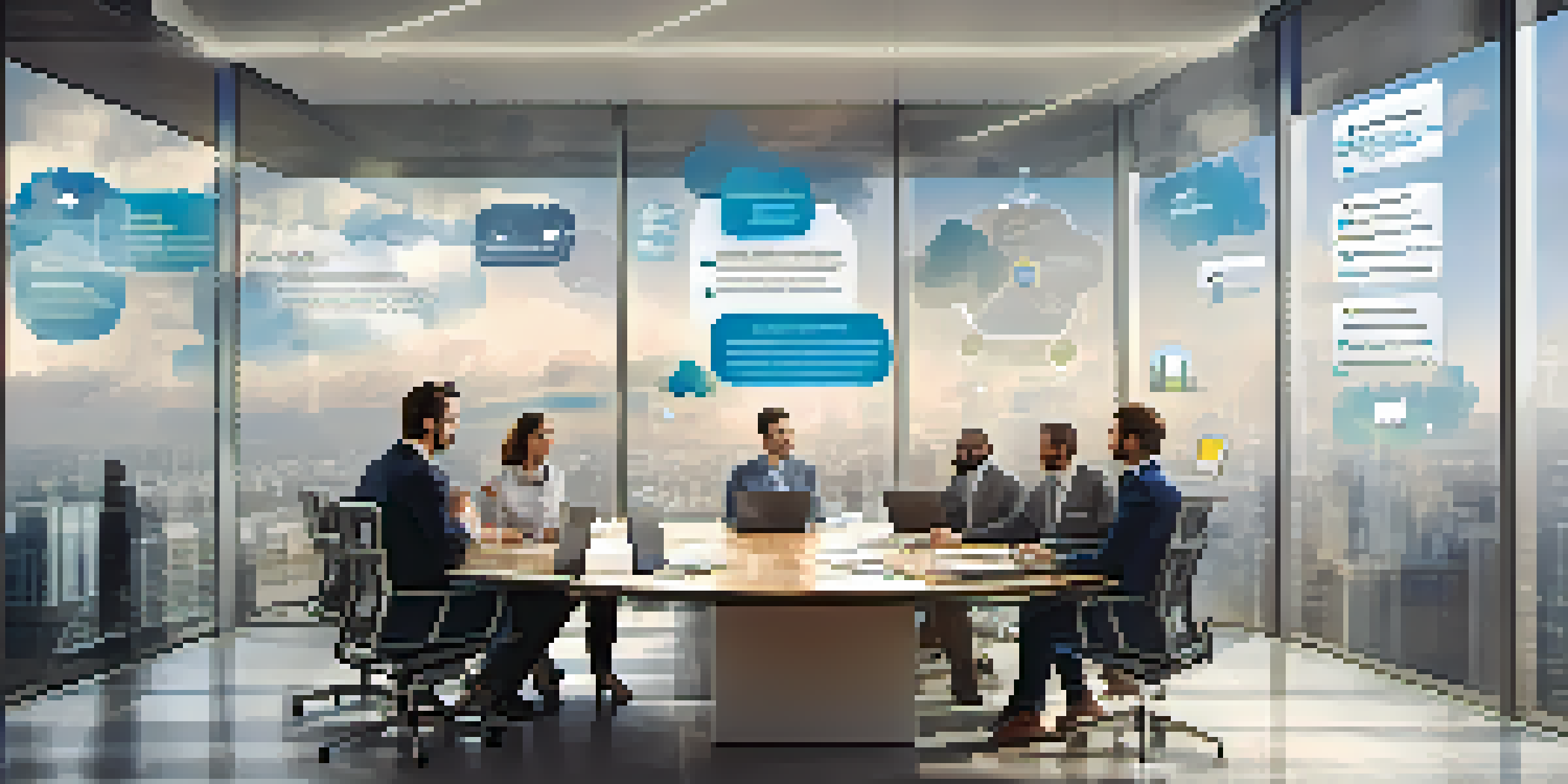 A diverse group of professionals in a bright modern office discussing cloud security with infographics on the walls.