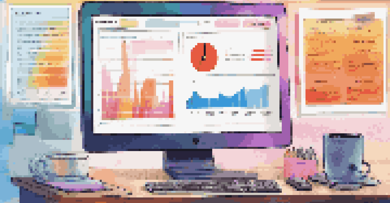 A close-up of a computer screen displaying an email monitoring dashboard with graphs and alerts, surrounded by office supplies and a mug.