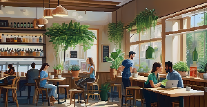 A bustling coffee shop with people chatting, a barista making coffee, and sunlight streaming through the windows.