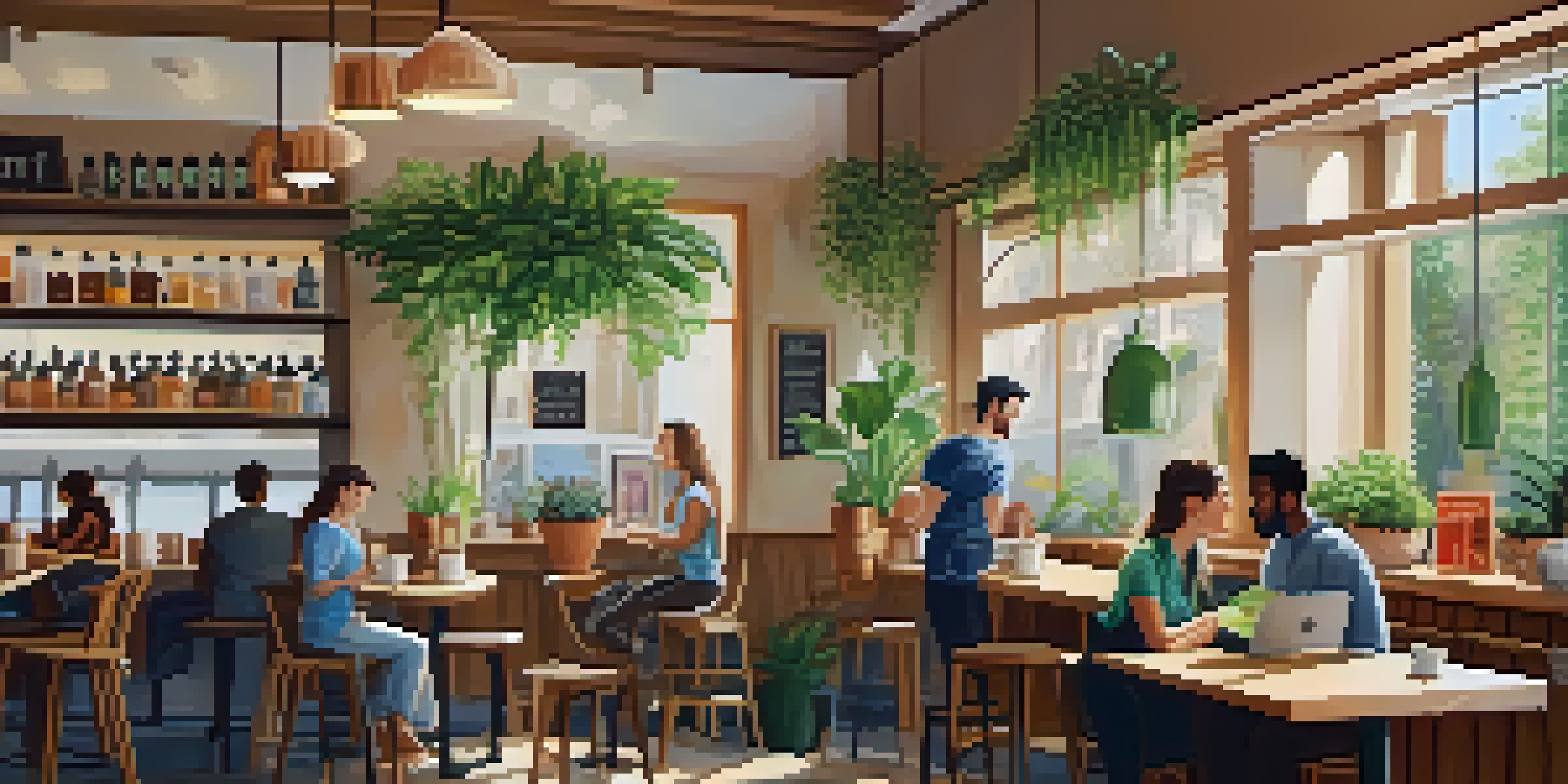 A bustling coffee shop with people chatting, a barista making coffee, and sunlight streaming through the windows.