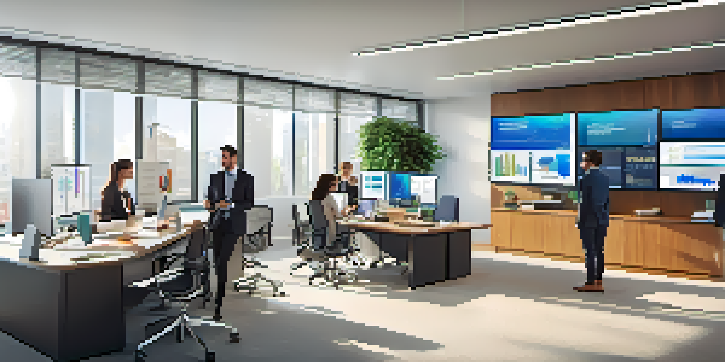 A modern office with diverse professionals collaborating over data visualizations on large screens.