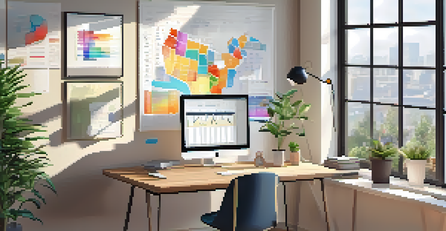 A well-arranged desk with a laptop showing data analysis, colorful charts, a green plant, and sunlight coming through a window.