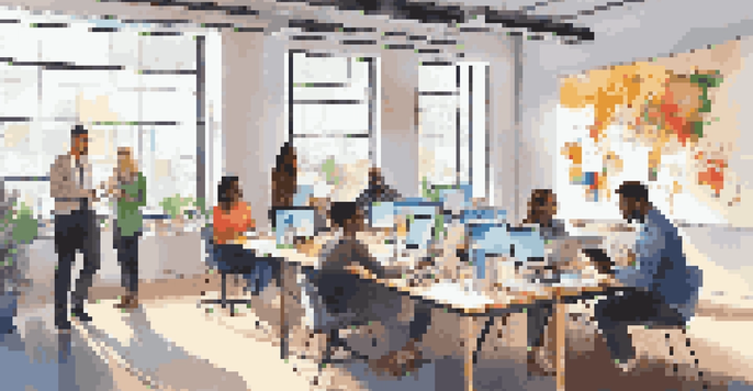 A diverse group of nonprofit staff members collaborating in a bright office, using digital tools.