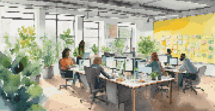 A diverse team of professionals working together in a modern office, surrounded by plants and colorful notes, showcasing collaboration.