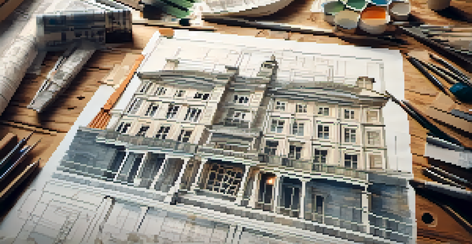 A wooden table with an architectural blueprint and drafting tools, illuminated by natural light.