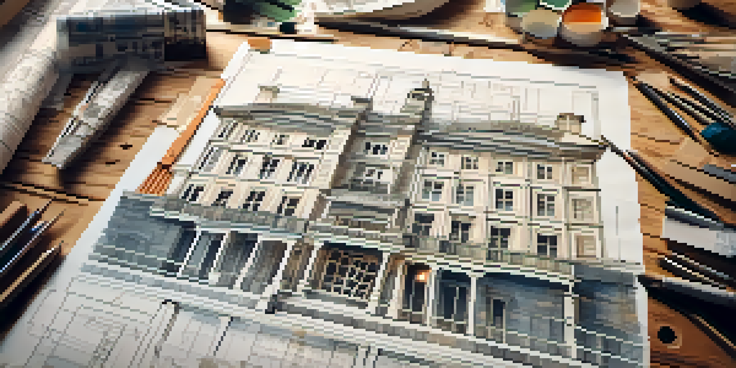 A wooden table with an architectural blueprint and drafting tools, illuminated by natural light.