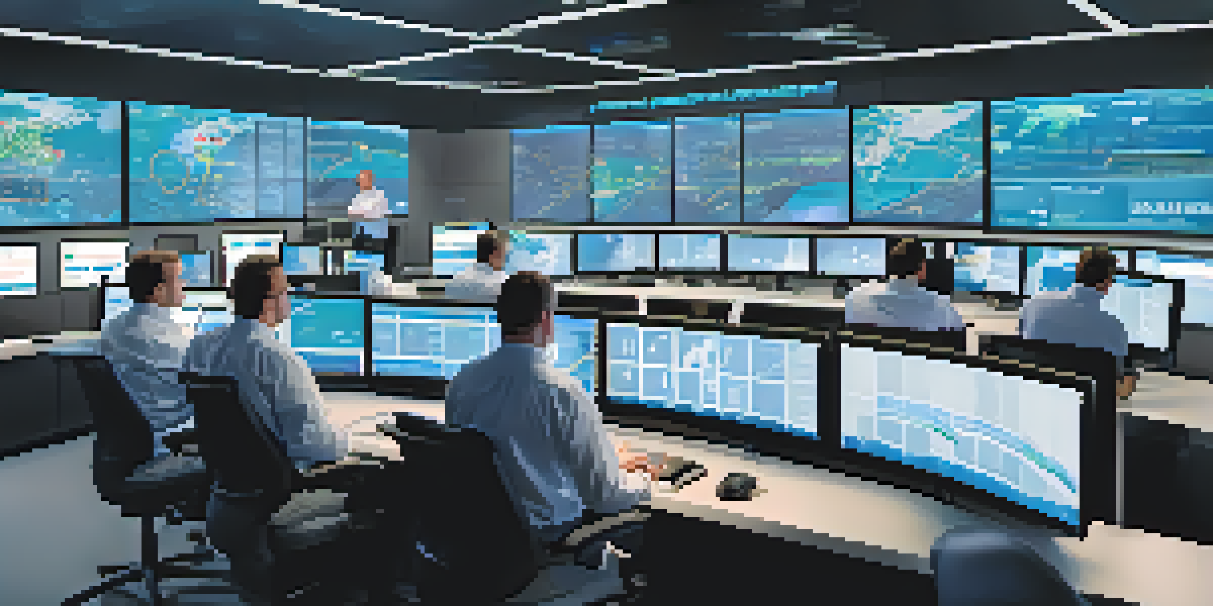 A busy control room with professionals monitoring fleet operations on multiple screens, showing real-time data and a large digital map.