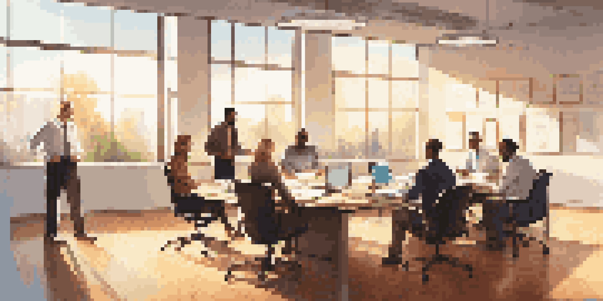 A bright modern office with a diverse team discussing data governance around a conference table, with sunlight illuminating the space.
