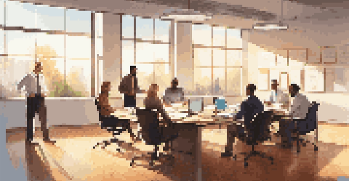 A bright modern office with a diverse team discussing data governance around a conference table, with sunlight illuminating the space.