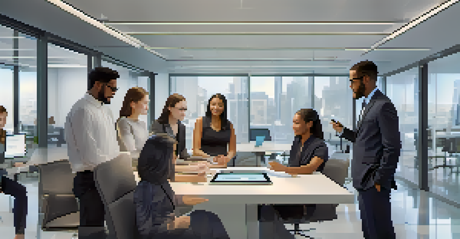 A team of professionals discussing supplier management with a digital tablet showing blockchain data.