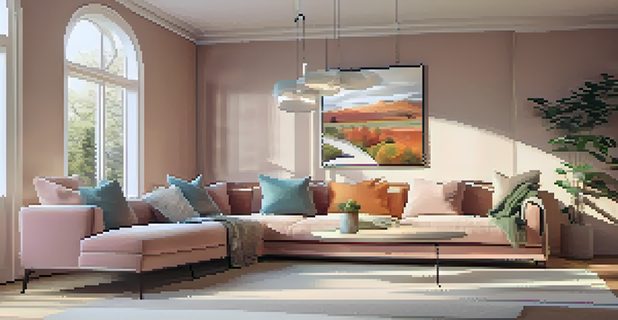 A living room with augmented reality furniture and decor, showcasing a virtual couch in a bright space.