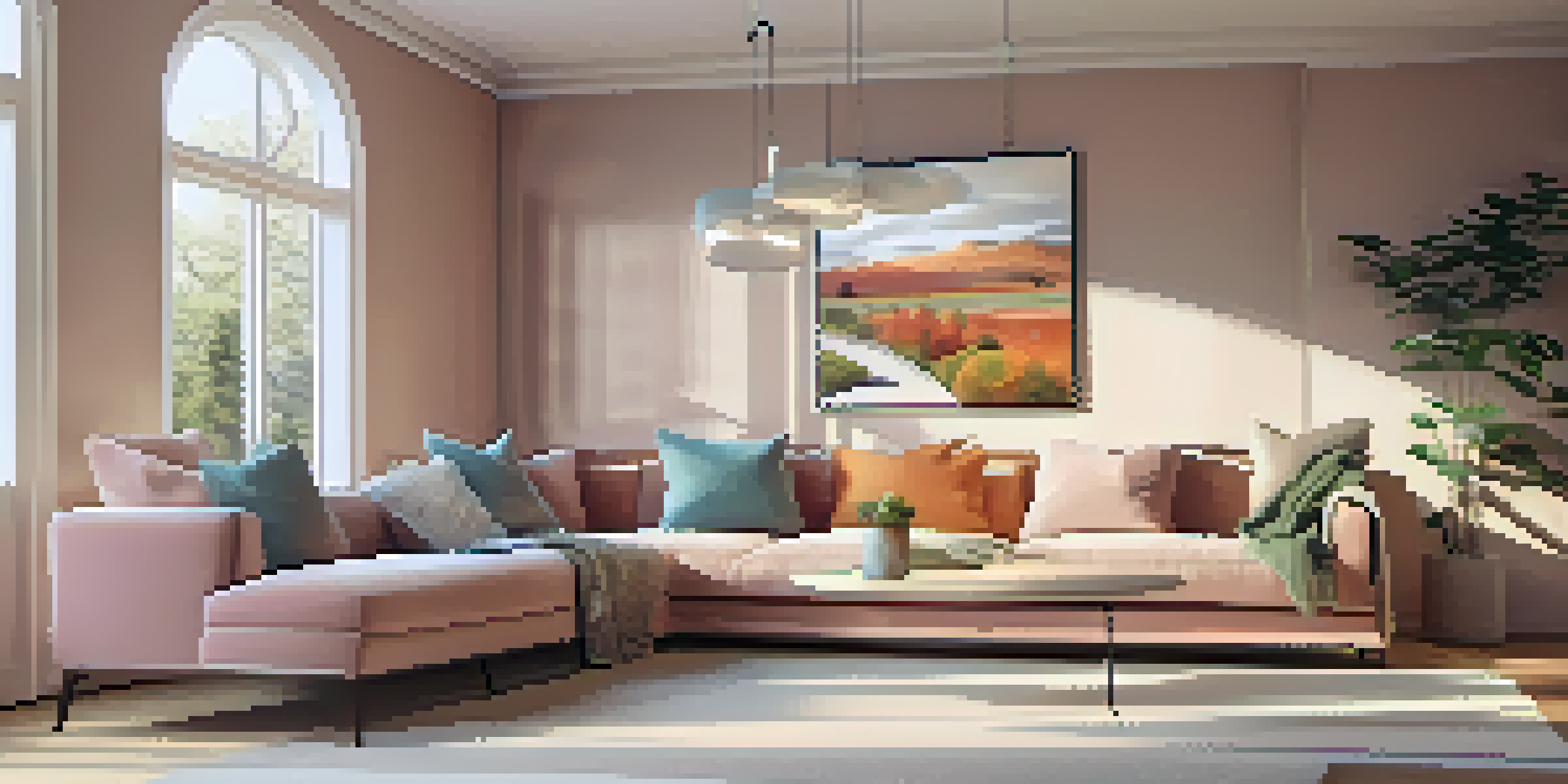 A living room with augmented reality furniture and decor, showcasing a virtual couch in a bright space.