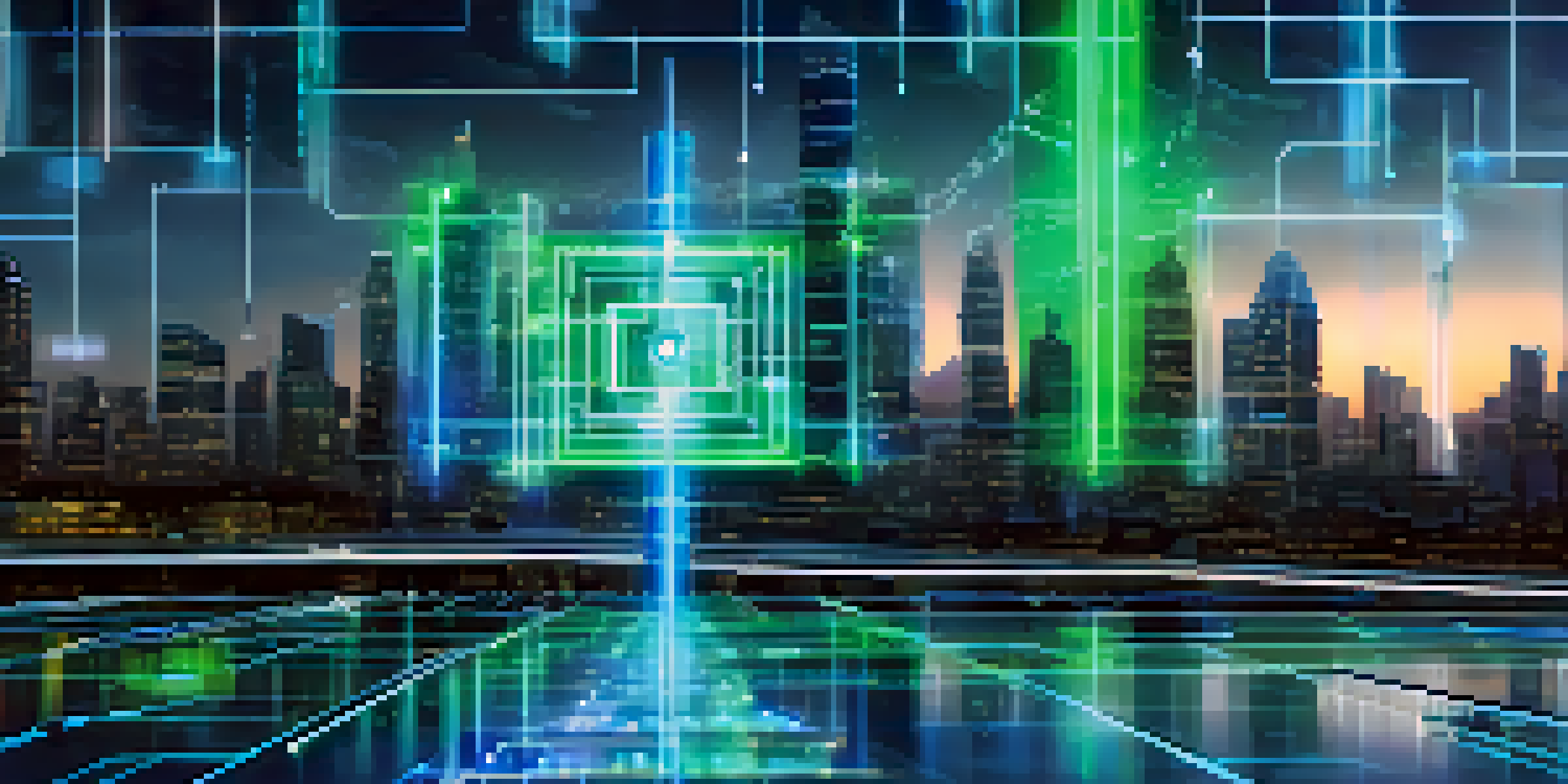 A glowing digital ledger representing blockchain technology with interconnected blocks, set against a softly lit city skyline at night.