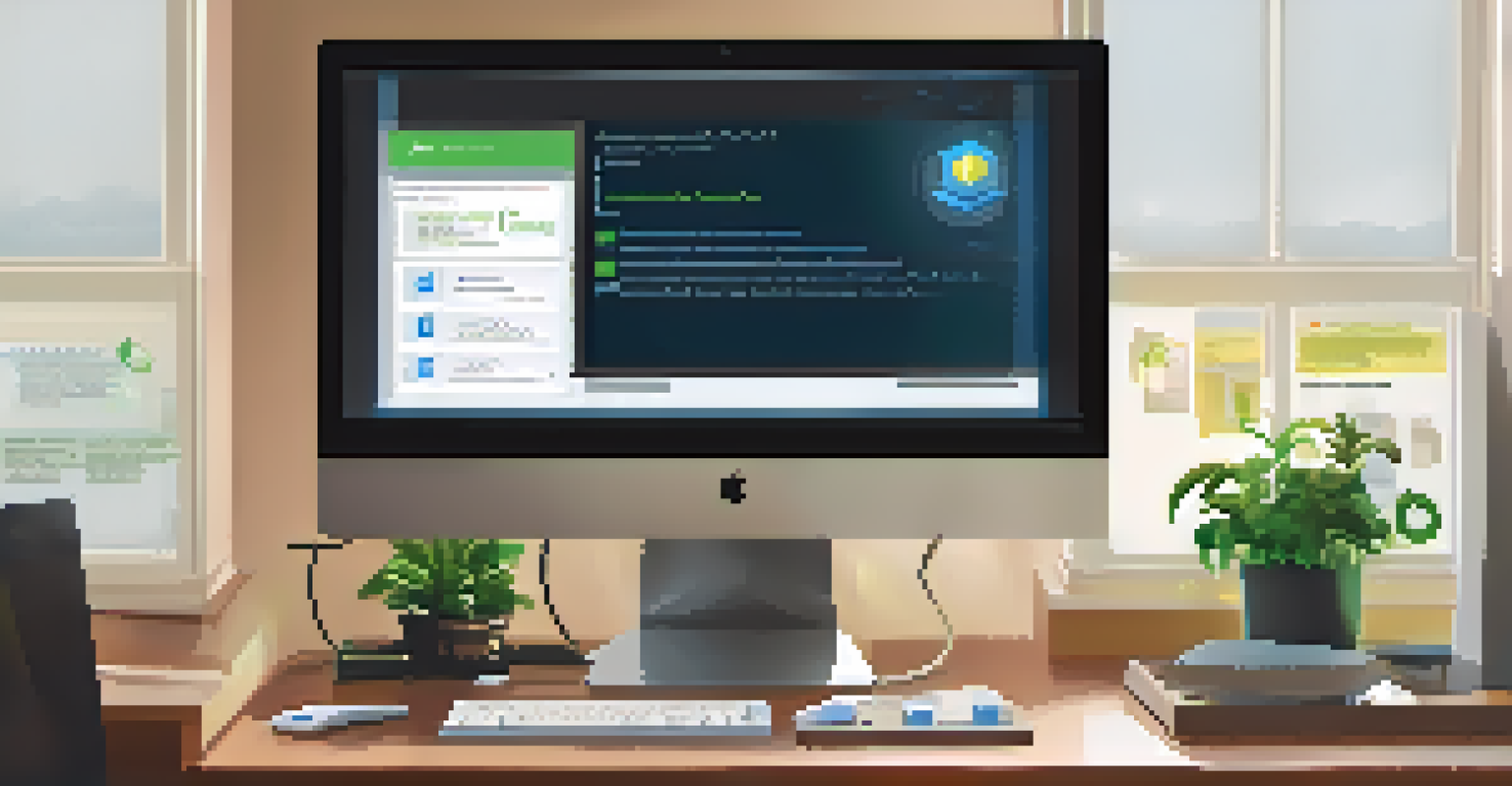 A close-up of a computer screen showing a cybersecurity training module in a cozy home office environment.