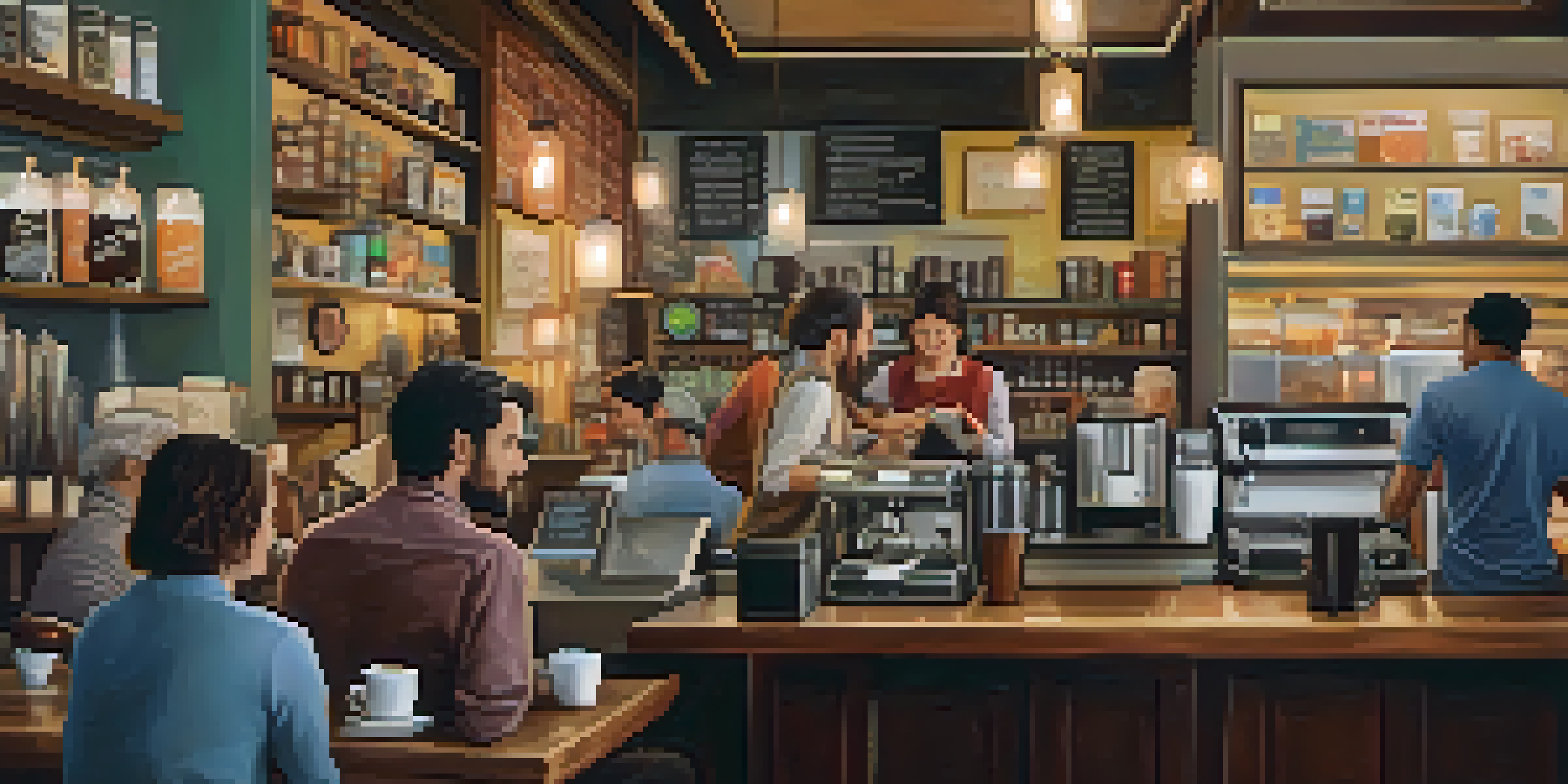 A lively coffee shop filled with people chatting and working, warm lighting, and a barista making coffee.