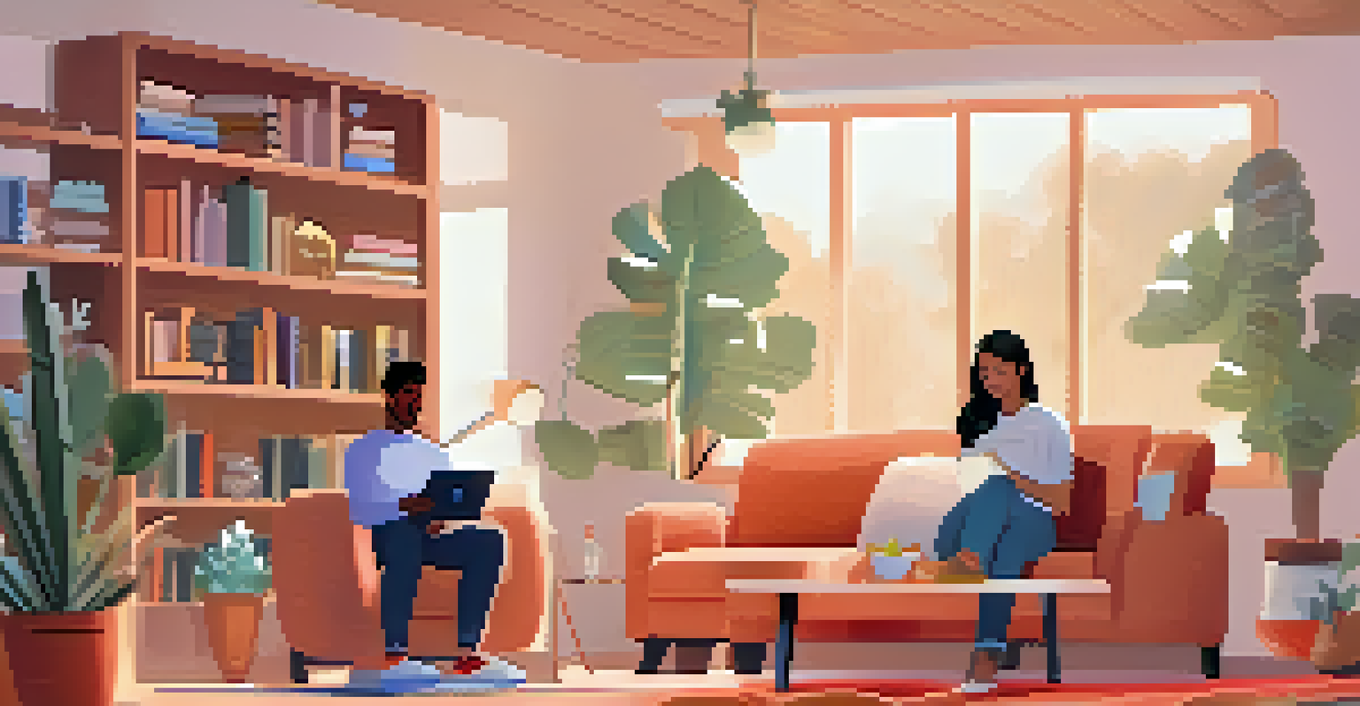 A cozy living room where a customer interacts with a friendly AI chatbot on a tablet, surrounded by bookshelves and soft lighting.