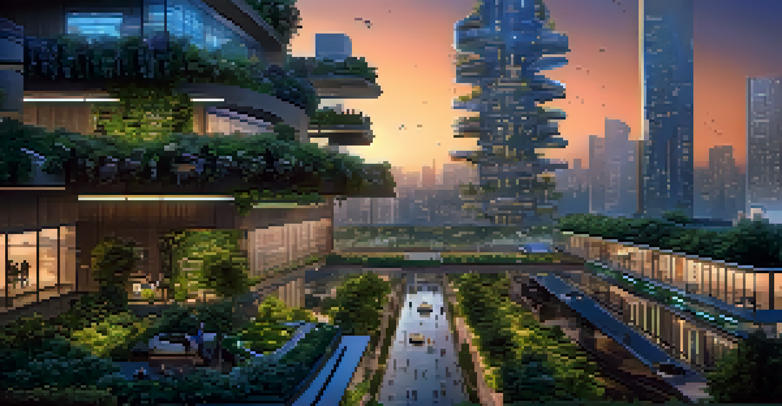 A futuristic city skyline at dusk, featuring buildings with solar panels and vertical gardens, illuminated by a beautiful sunset.