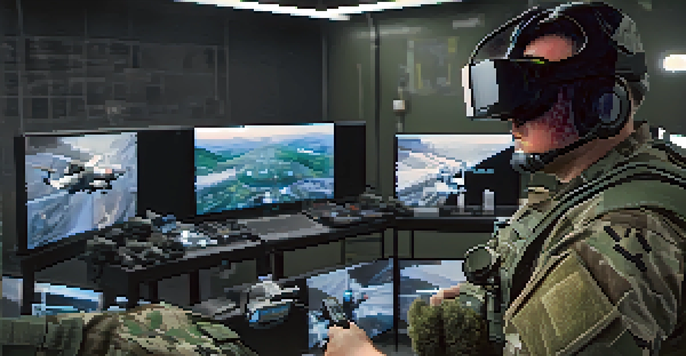 A military medic using virtual reality technology for medical training in a simulated battlefield environment.