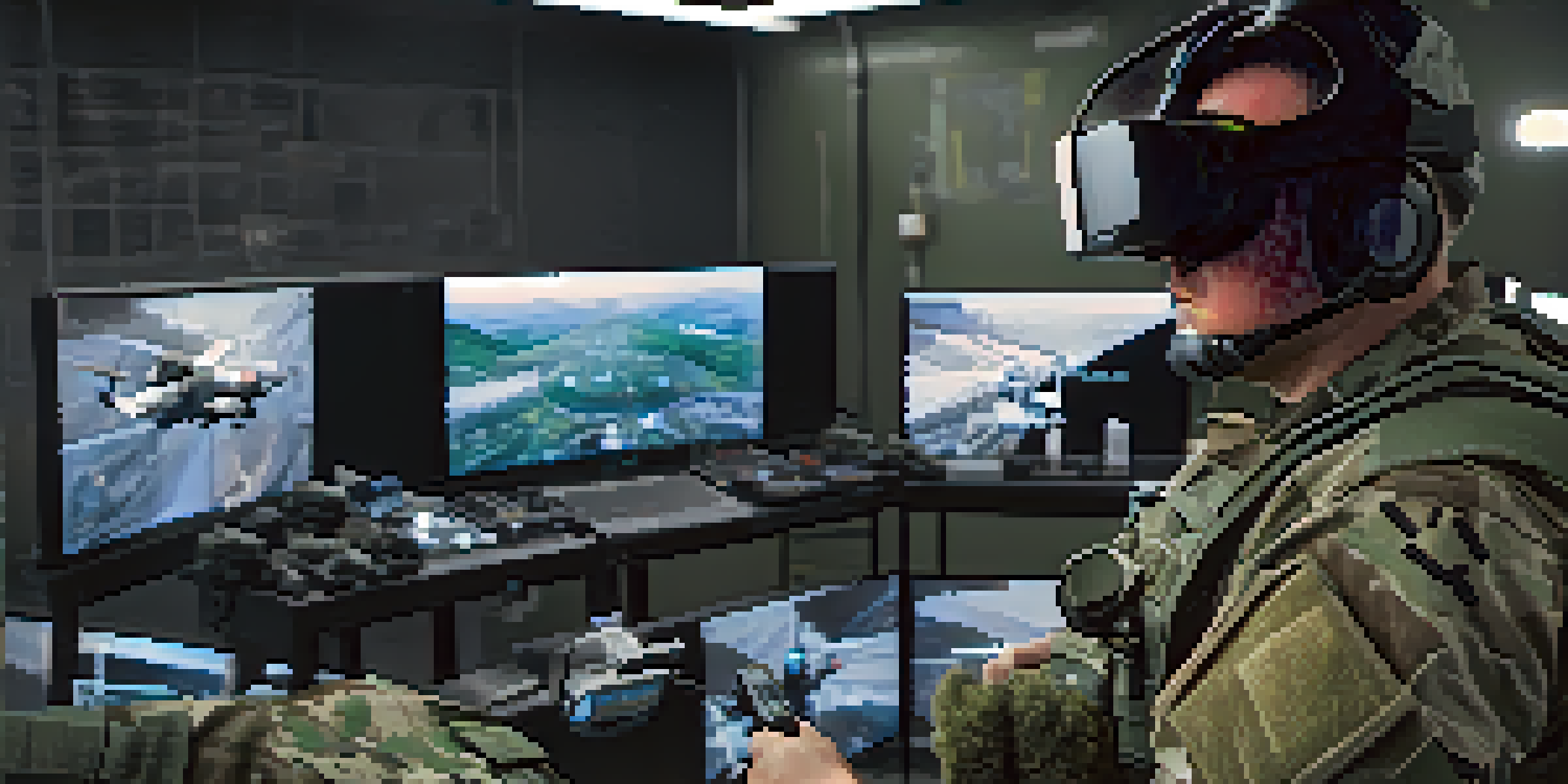 A military medic using virtual reality technology for medical training in a simulated battlefield environment.