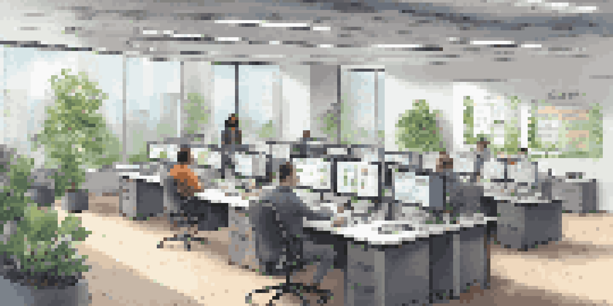 A modern office with diverse professionals working together on compliance strategies, natural light coming through windows, and infographics on the walls.