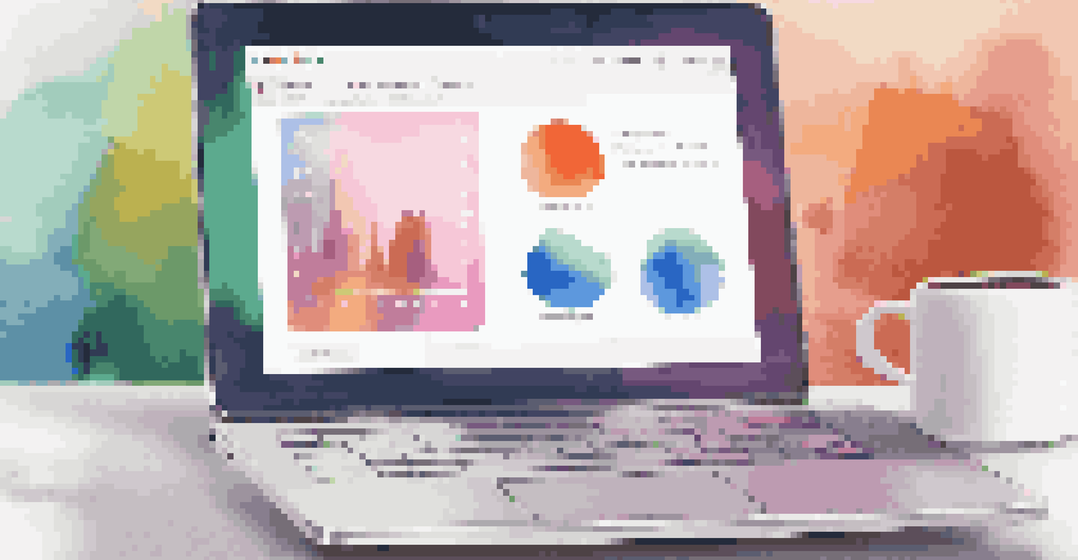 A laptop screen showing a low-code development interface with colorful templates, accompanied by a coffee cup.