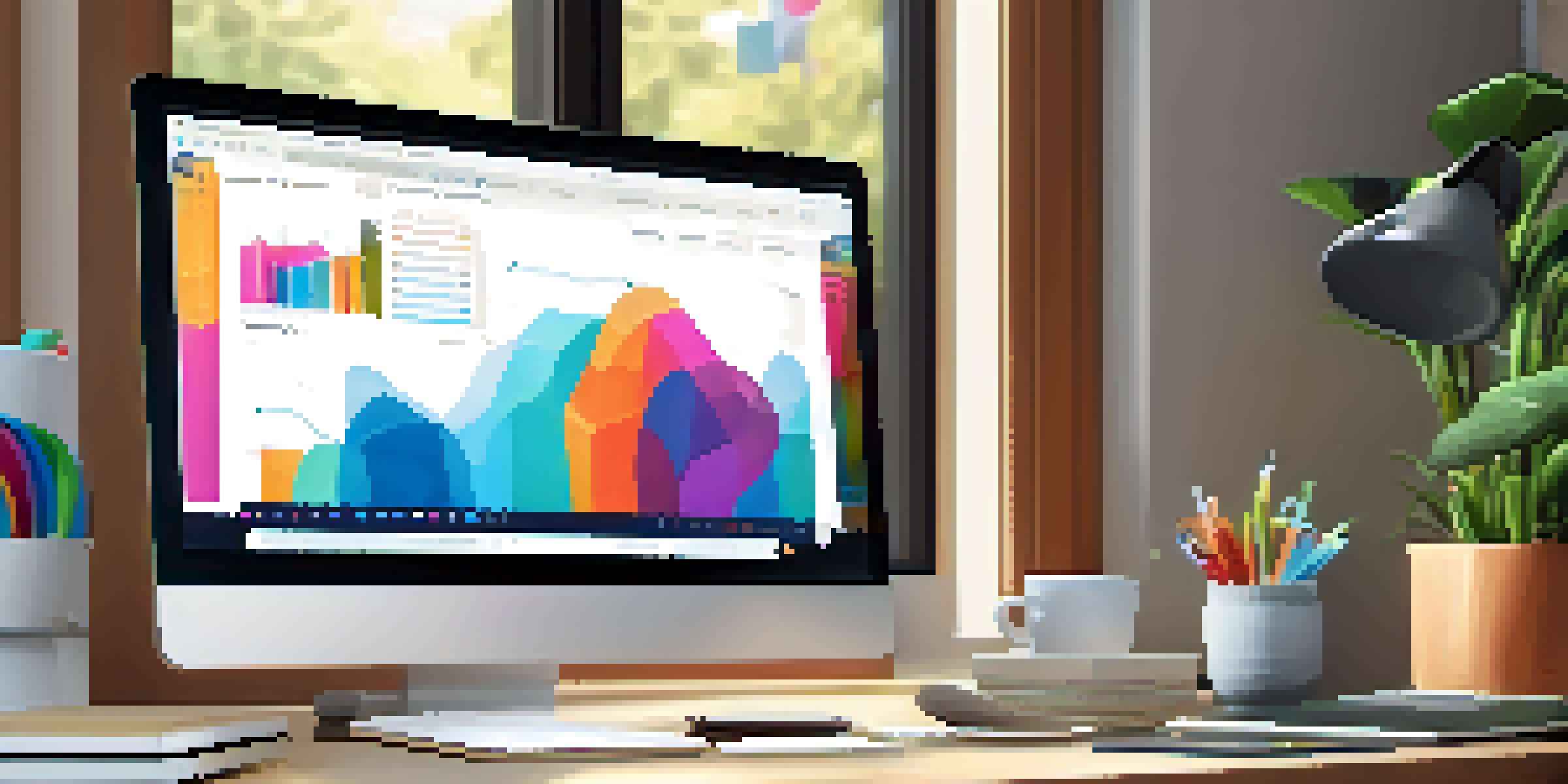 A modern workspace with a laptop displaying social media analytics, colorful stationery, a coffee cup, and a plant, illuminated by natural light.